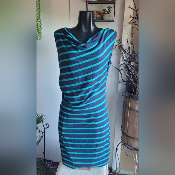 Pure Alfred Sung Green and Blue Striped Dress L - Picture 1 of 6